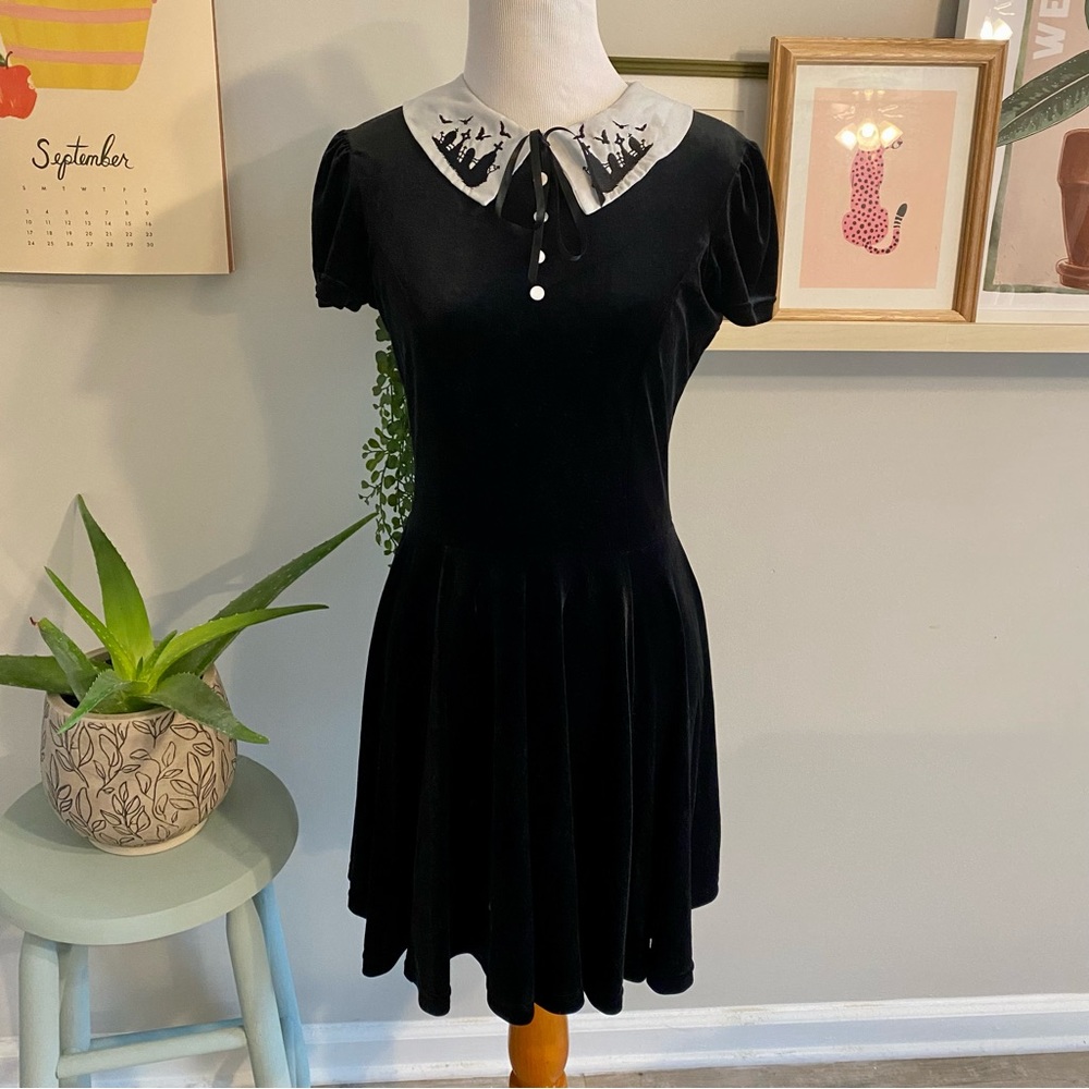 Hell Bunny Graveyard Collar Black Velvet Dress Wednesday Addams